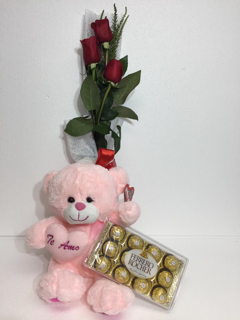  Ramito de 03 Rosas ms Bombones Ferrero Rocher de 150 grs y Peluche de 30 cm